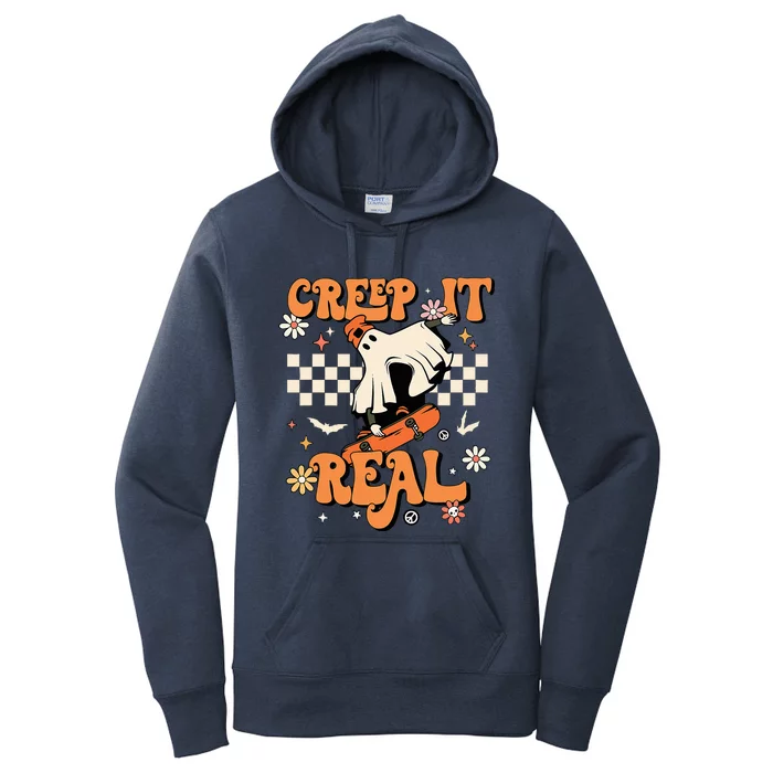 Creep It Real Retro Halloween Party Ghost Skateboard Women's Pullover Hoodie