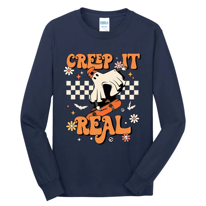 Creep It Real Retro Halloween Party Ghost Skateboard Tall Long Sleeve T-Shirt