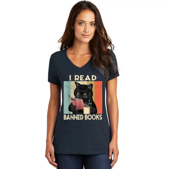 Cat I Read Banned Books Funny Bookworms Reading Book Women's V-Neck T-Shirt