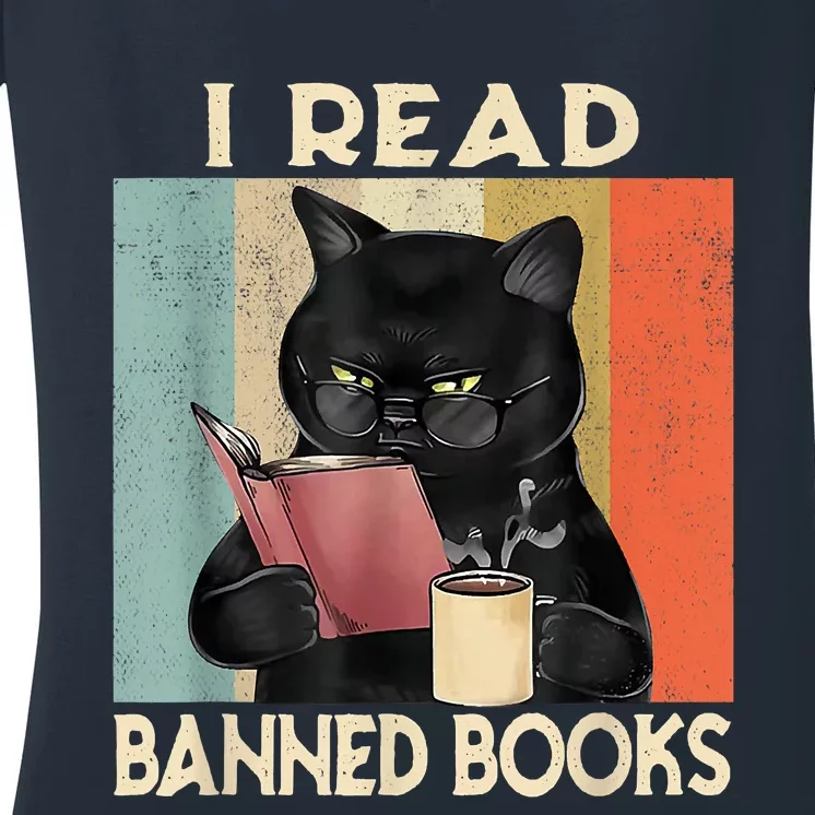 Cat I Read Banned Books Funny Bookworms Reading Book Women's V-Neck T-Shirt