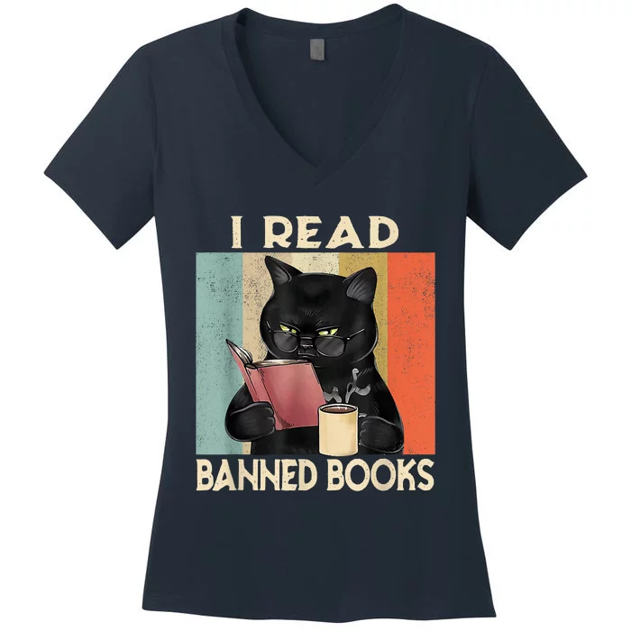 Cat I Read Banned Books Funny Bookworms Reading Book Women's V-Neck T-Shirt