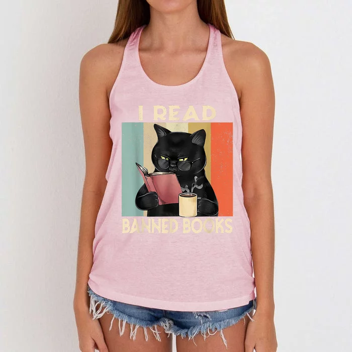 Cat I Read Banned Books Funny Bookworms Reading Book Women's Knotted Racerback Tank