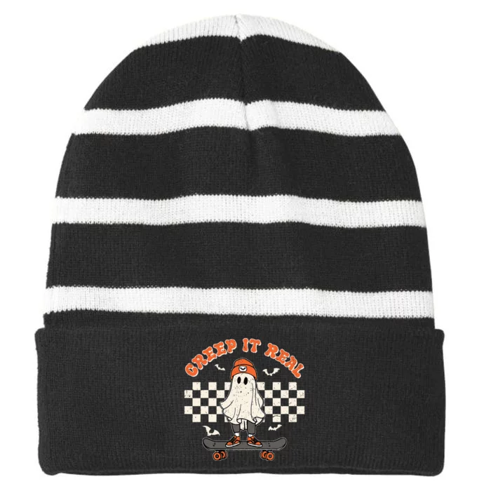 Creep It Real Skateboarding Ghost Retro Halloween Costume Striped Beanie with Solid Band