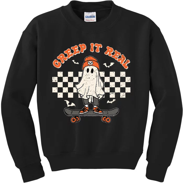 Creep It Real Skateboarding Ghost Retro Halloween Costume Kids Sweatshirt