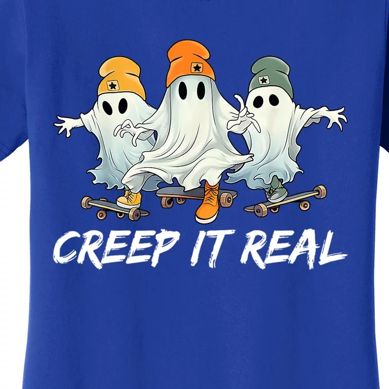 Creep It Real Funny Skateboard Ghost Retro Halloween Gift Women's T-Shirt