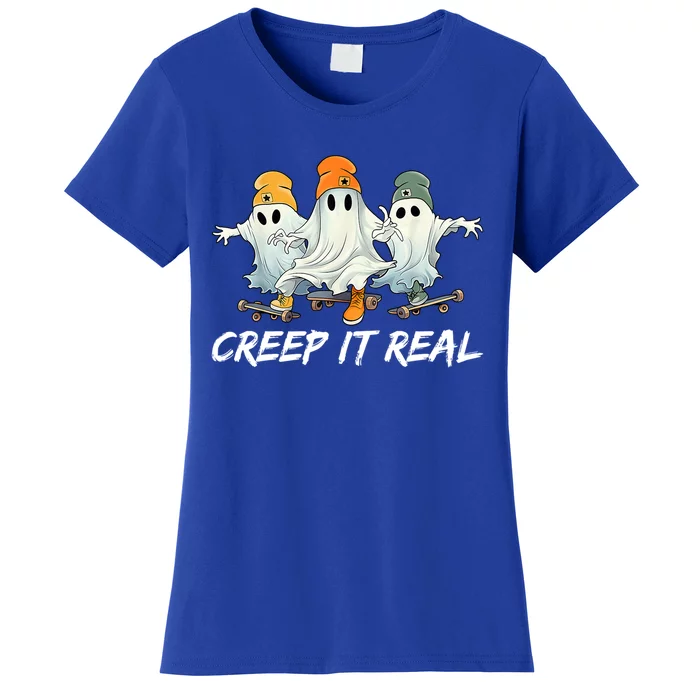 Creep It Real Funny Skateboard Ghost Retro Halloween Gift Women's T-Shirt