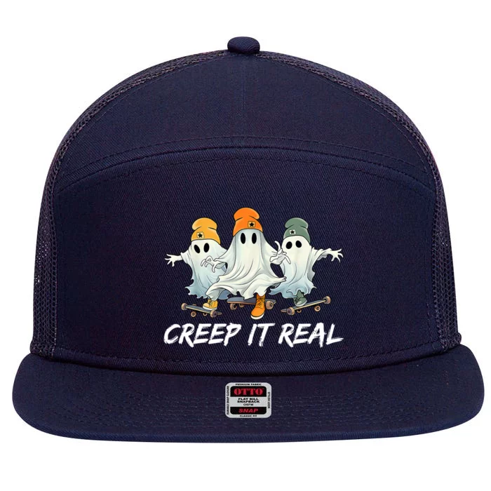 Creep It Real Funny Skateboard Ghost Retro Halloween Gift 7 Panel Mesh Trucker Snapback Hat