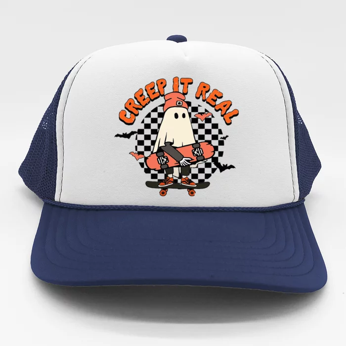 Creep It Real Ghost Halloween Sweating Sucks Skeleton Trucker Hat