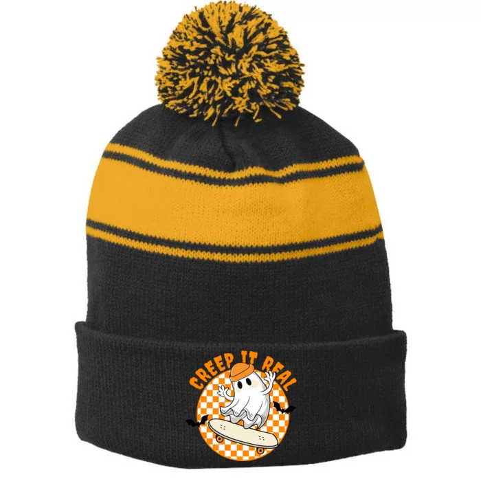 Creep It Real Skater Ghost Halloween Retro Stripe Pom Pom Beanie