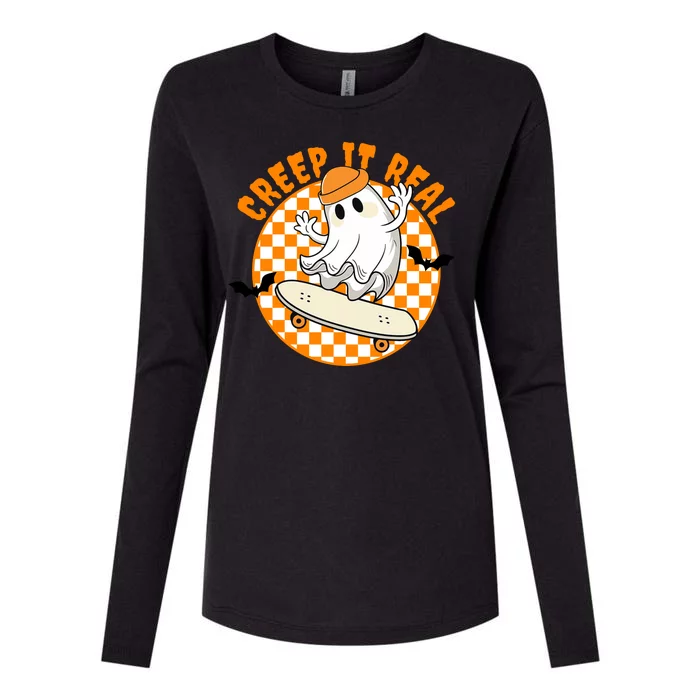 Creep It Real Skater Ghost Halloween Retro Womens Cotton Relaxed Long Sleeve T-Shirt