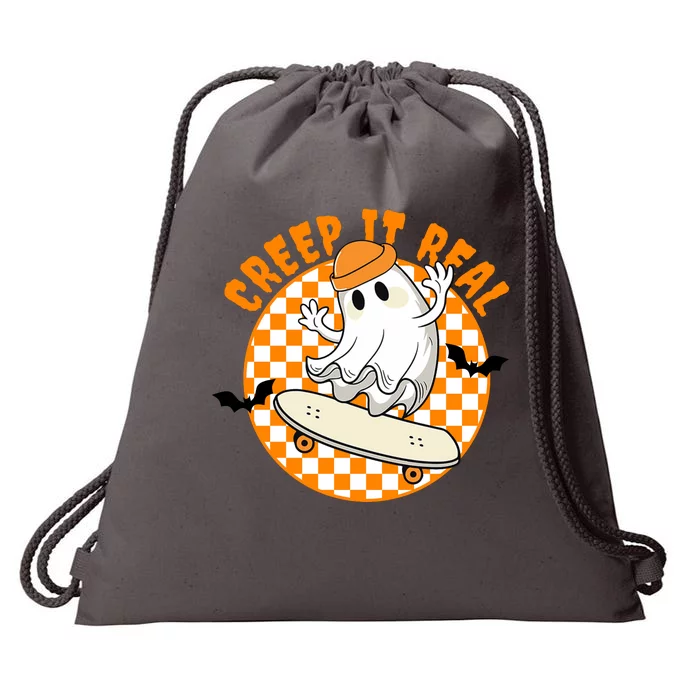 Creep It Real Skater Ghost Halloween Retro Drawstring Bag