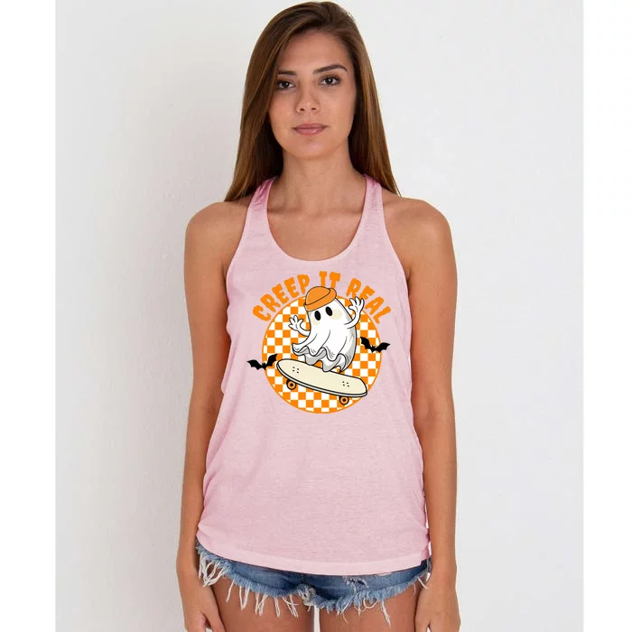 Creep It Real Skater Ghost Halloween Retro Women's Knotted Racerback Tank