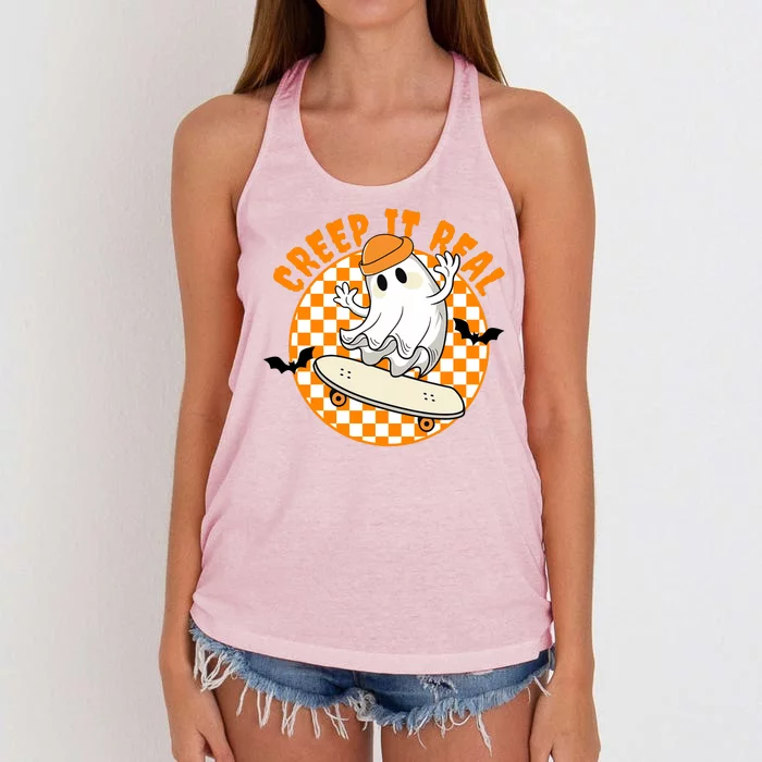 Creep It Real Skater Ghost Halloween Retro Women's Knotted Racerback Tank