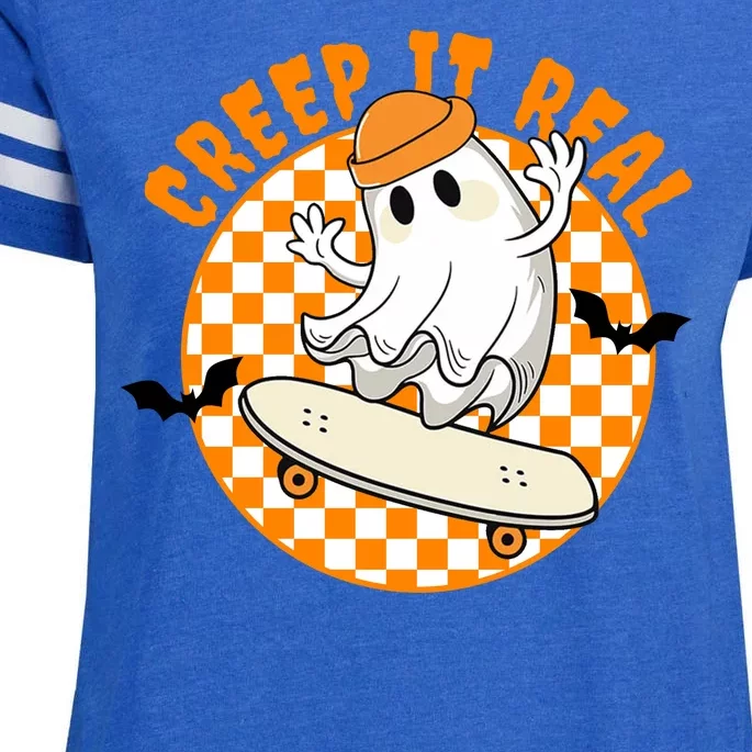 Creep It Real Skater Ghost Halloween Retro Enza Ladies Jersey Football T-Shirt