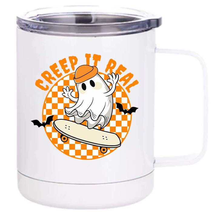 Creep It Real Skater Ghost Halloween Retro Front & Back 12oz Stainless Steel Tumbler Cup