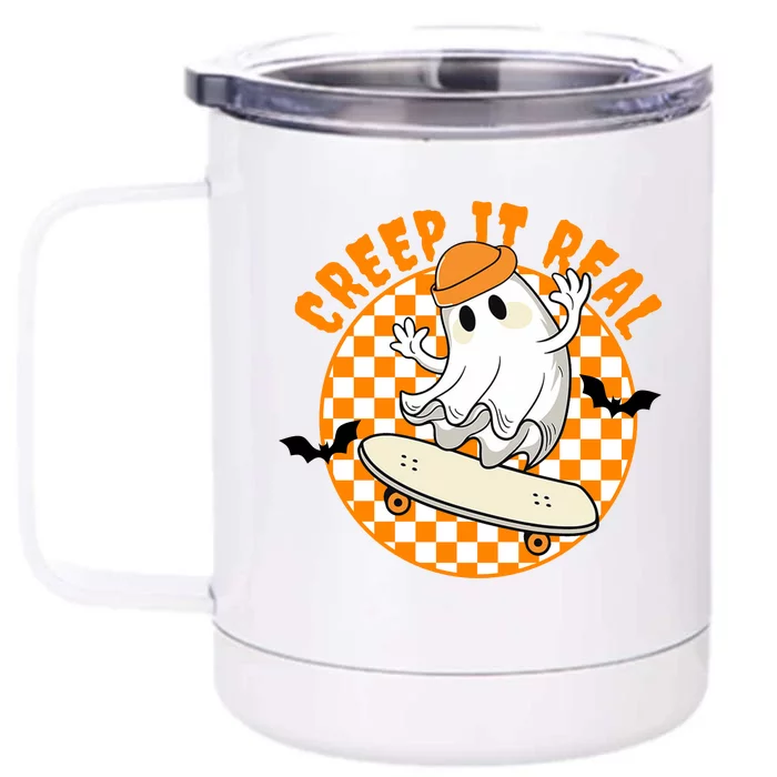 Creep It Real Skater Ghost Halloween Retro Front & Back 12oz Stainless Steel Tumbler Cup