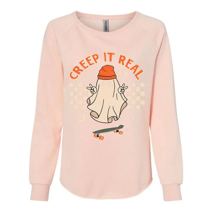 Creep It Real Skateboarding Ghost Retro Halloween Costume Womens California Wash Sweatshirt