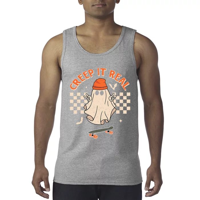 Creep It Real Skateboarding Ghost Retro Halloween Costume Tank Top