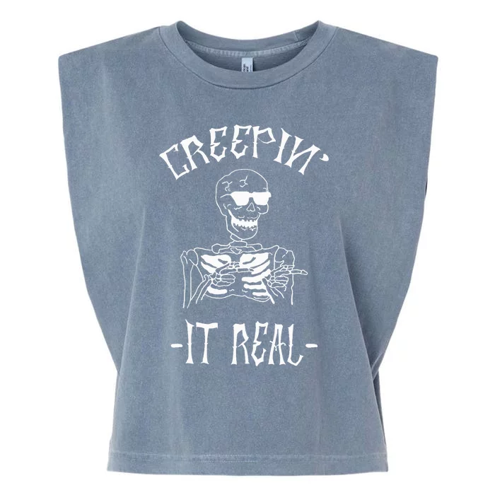 Creepin' It Real Cool Smiling Skeleton Halloween Costume Garment-Dyed Women's Muscle Tee