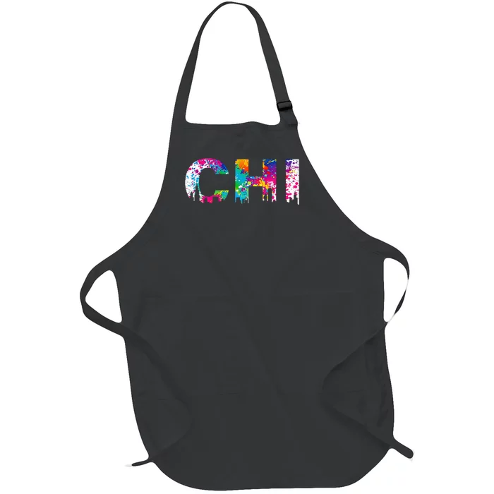 CHI Illinois Skyline Color Paint Splash Rainbow Chicago City Full-Length Apron With Pocket