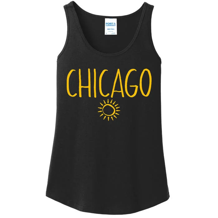 Chicago Illinois Sun Drawing Handwritten Text Amber Print Ladies Essential Tank