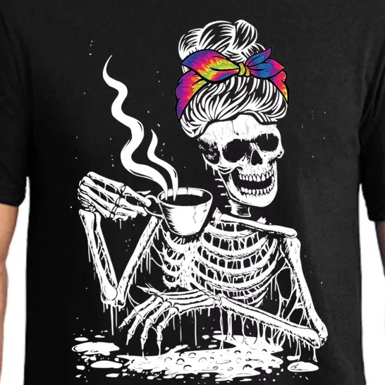 Coffee Ing Skeleton Lazy Diy Halloween Messy Bun Hair Gift Pajama Set