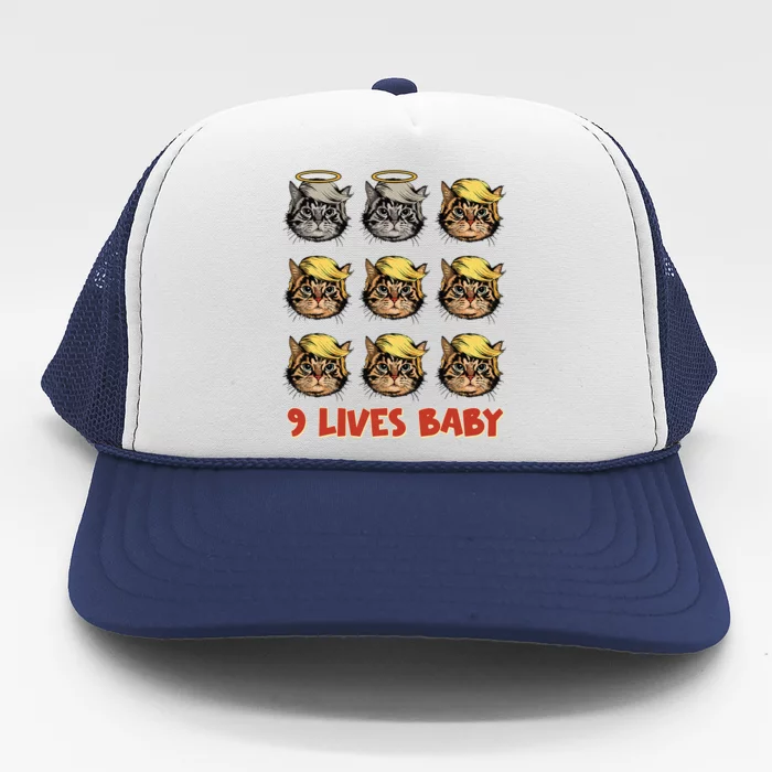 Cat In Suite With Trump Hair American Flag Nine Lives Baby Trucker Hat