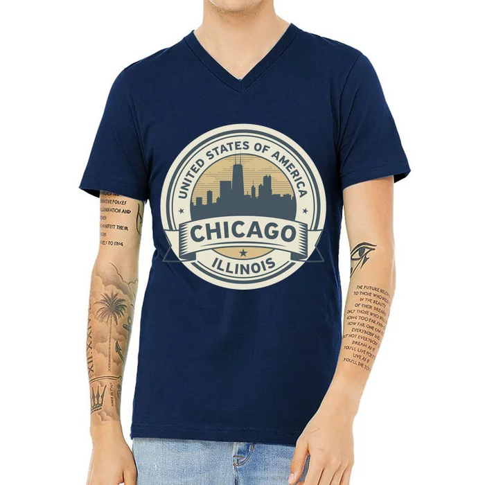 Chicago Illinois Stamp Logo V-Neck T-Shirt