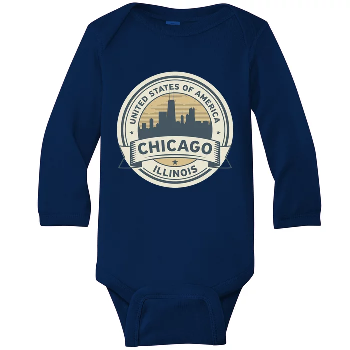 Chicago Illinois Stamp Logo Baby Long Sleeve Bodysuit