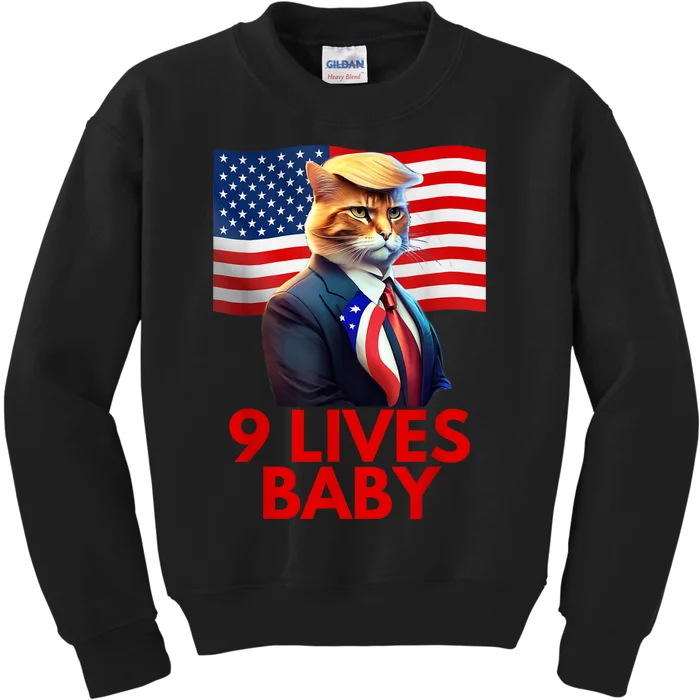 Cat In Suite With Trump Hair American Flag Nine Lives Baby Kids Sweatshirt