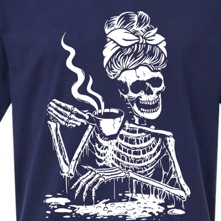 Coffee Ing Skeleton Coffee Messy Bun Halloween Cute Gift Sueded Cloud Jersey T-Shirt