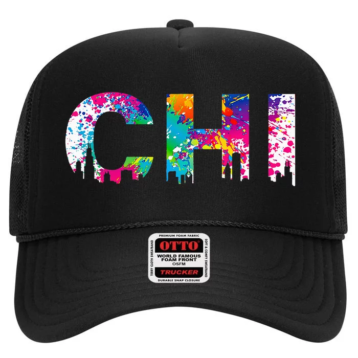 CHI Illinois Skyline Color Paint Splash Rainbow Chicago City High Crown Mesh Trucker Hat