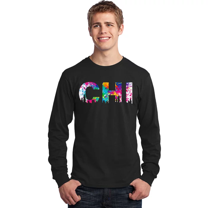 CHI Illinois Skyline Color Paint Splash Rainbow Chicago City Long Sleeve Shirt