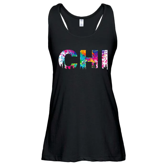 CHI Illinois Skyline Color Paint Splash Rainbow Chicago City Ladies Essential Flowy Tank