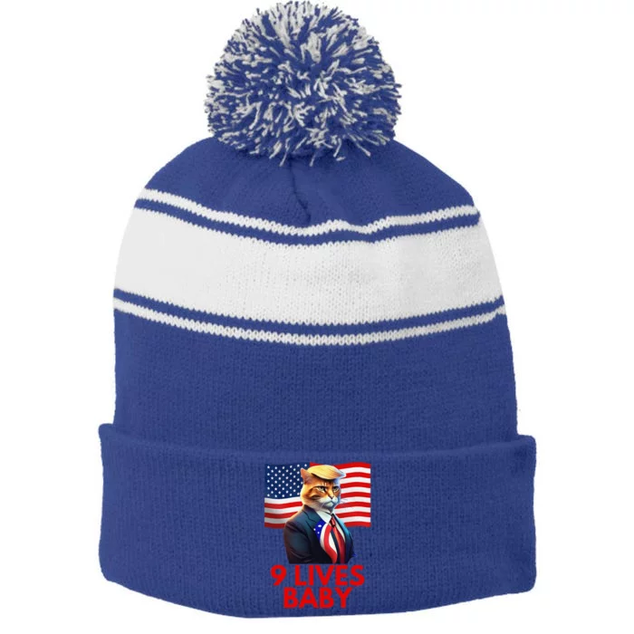 Cat In Suite With Trump Hair American Flag Nine Lives Baby Stripe Pom Pom Beanie