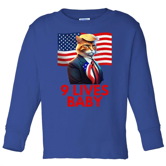 Cat In Suite With Trump Hair American Flag Nine Lives Baby Toddler Long Sleeve Shirt