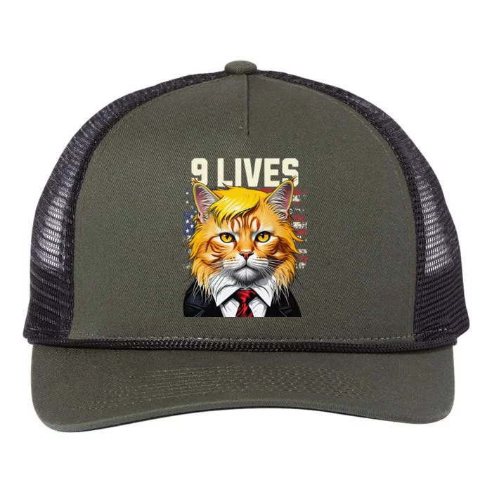 Cat In Suite With Trump Hair Nine Lives Usa Flag Retro Rope Trucker Hat Cap