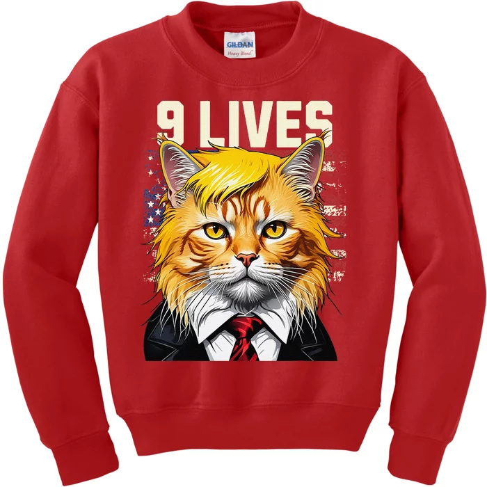 Cat In Suite With Trump Hair Nine Lives Usa Flag Kids Sweatshirt