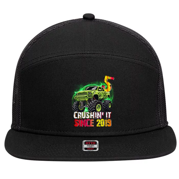 Crushin It Since 2019 5 Year Old Monster Truck 7 Panel Mesh Trucker Snapback Hat