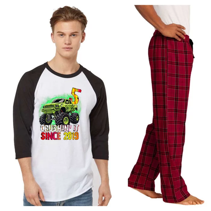 Crushin It Since 2019 5 Year Old Monster Truck Raglan Sleeve Pajama Set