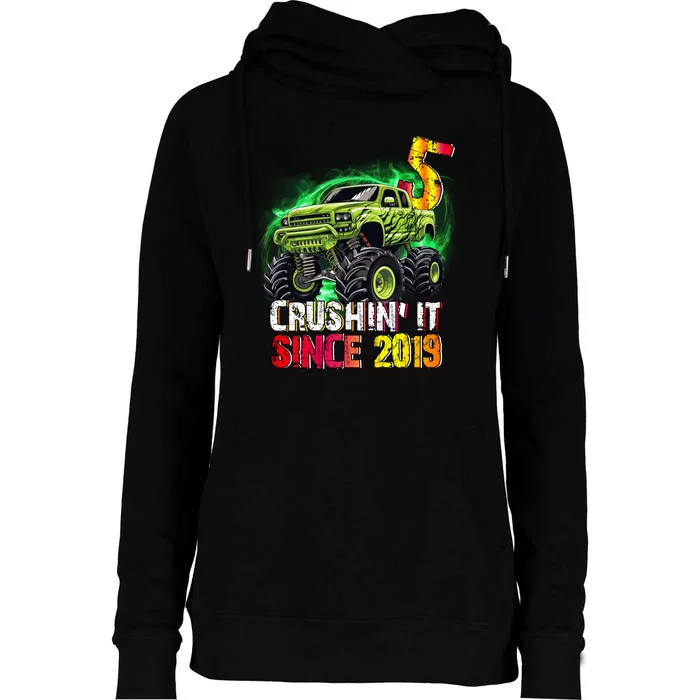 Crushin It Since 2019 5 Year Old Monster Truck Womens Funnel Neck Pullover Hood