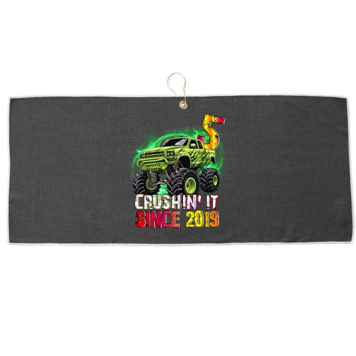 Crushin It Since 2019 5 Year Old Monster Truck Large Microfiber Waffle Golf Towel