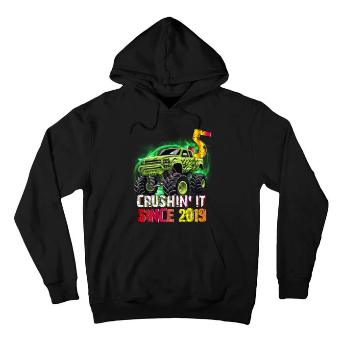 Crushin It Since 2019 5 Year Old Monster Truck Tall Hoodie