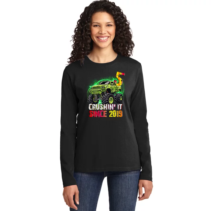 Crushin It Since 2019 5 Year Old Monster Truck Ladies Long Sleeve Shirt