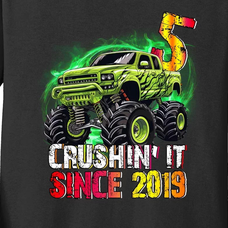 Crushin It Since 2019 5 Year Old Monster Truck Kids Long Sleeve Shirt