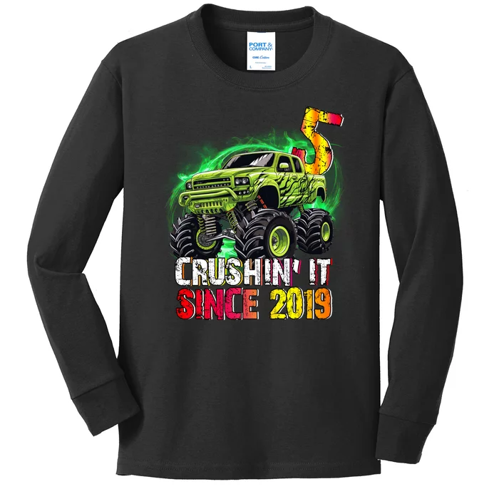 Crushin It Since 2019 5 Year Old Monster Truck Kids Long Sleeve Shirt