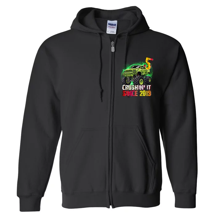 Crushin It Since 2019 5 Year Old Monster Truck Full Zip Hoodie