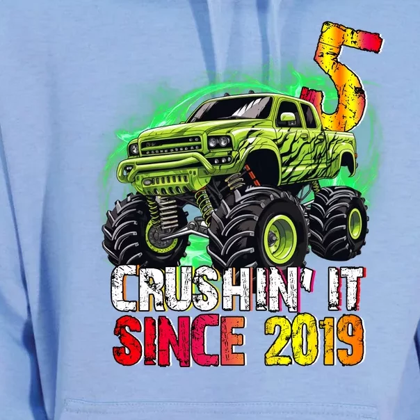 Crushin It Since 2019 5 Year Old Monster Truck Unisex Surf Hoodie