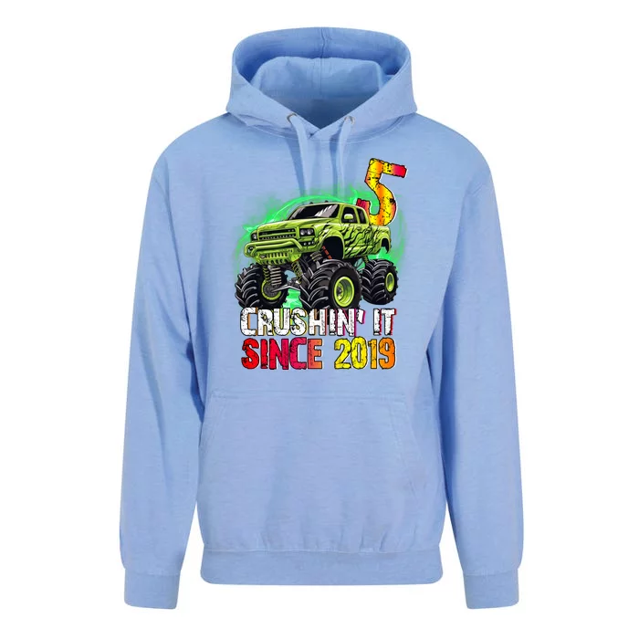 Crushin It Since 2019 5 Year Old Monster Truck Unisex Surf Hoodie