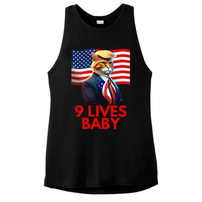 Cat In Suite With Trump Hair American Flag Nine Lives Baby Ladies Tri-Blend Wicking Tank